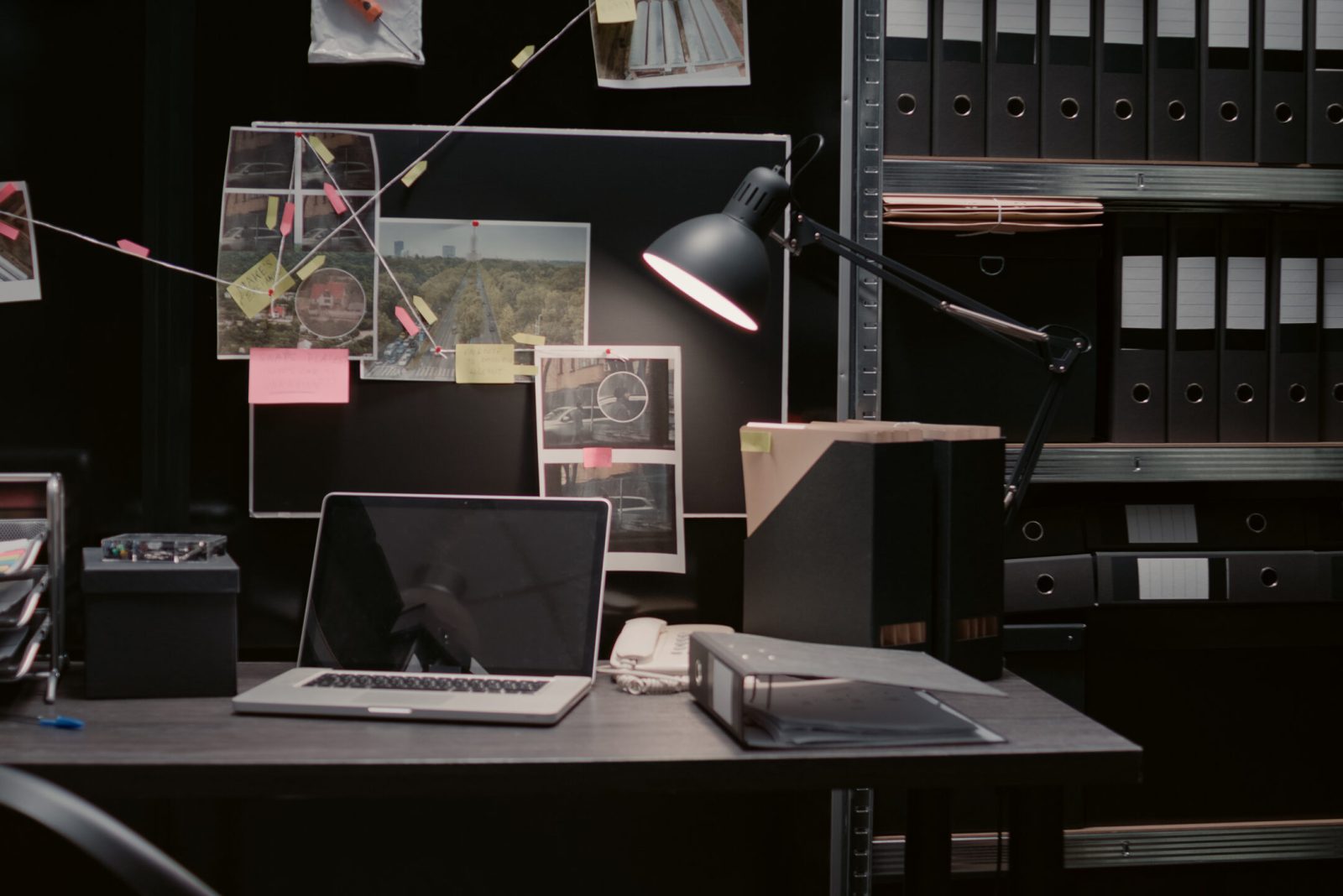 Evidence board with case files or investigation clues on police archive wall map, surveillance phots and witness statements. Empty law enforcement office filled with criminal records.